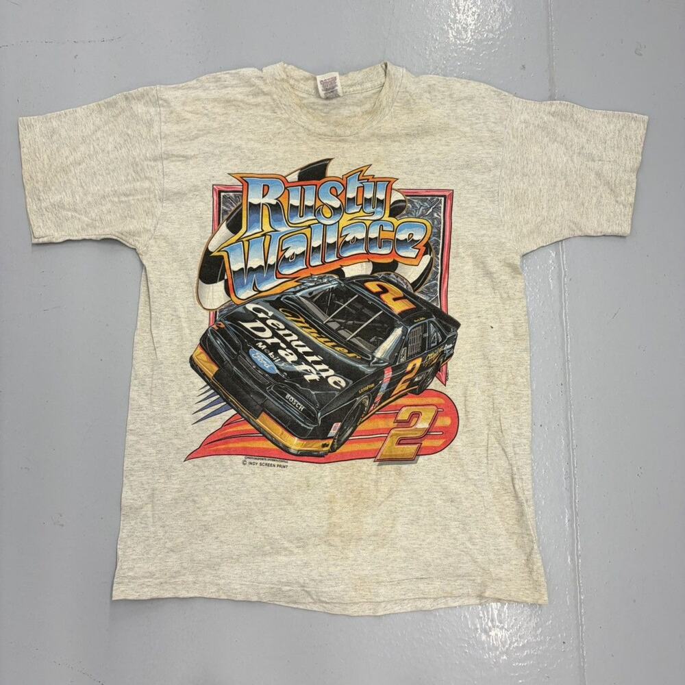 Vintage 90s Rusty Wallace Grey Distressed Nascar T-Shirt